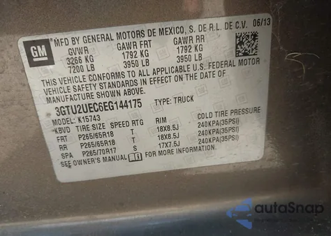 2014 GMC Sierra 1500 Sle из США, поврежденный, VIN 3GTU2UEC6EG144175